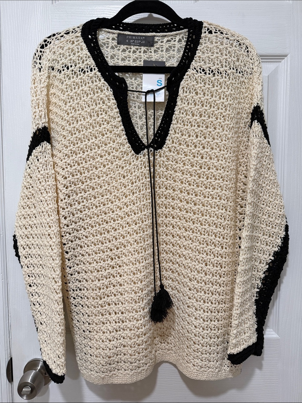Primark Cream Crochet V-Neck Sweater/ Coverup with Black Trim and Tassel